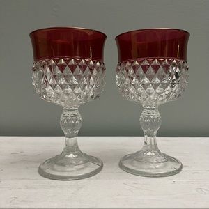 Indiana Glass Diamond Point Ruby Flash Wine Goblets Vintage 1960s Set of 2